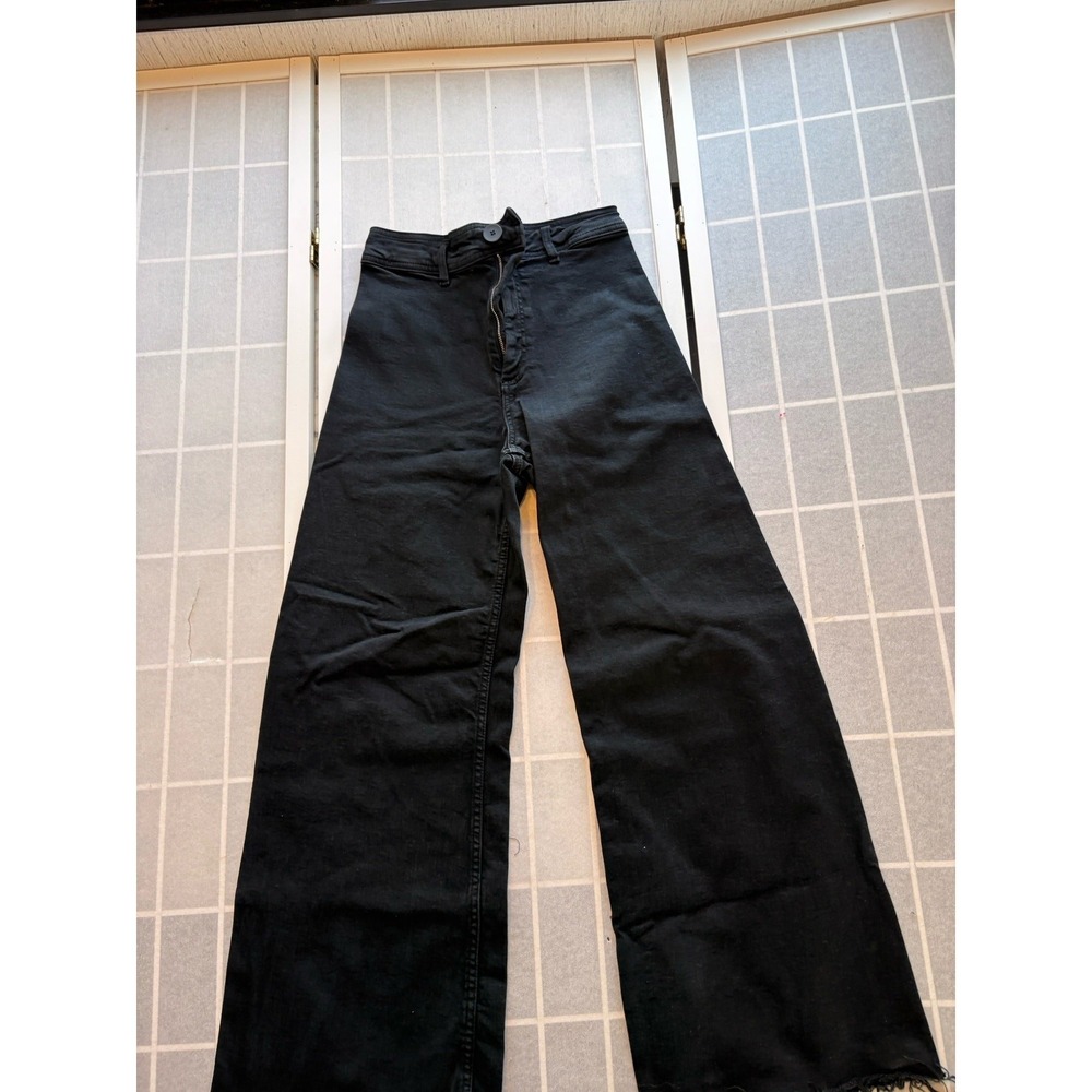Zara Women Sz 4 Black High Waist Wide Leg Raw Hem Frayed Denim Barrel Jeans - Picture 2 of 8